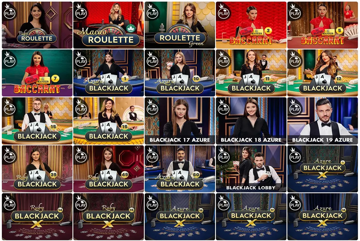Grid of Betx live dealer blackjack, baccarat and roulette tables